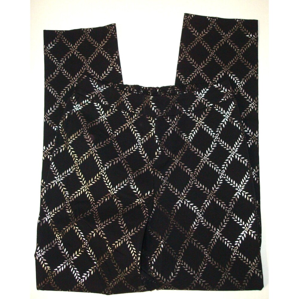 New Womens Isaac Mizrahi Live! Stretch Black Silver Foil Leaf Pants 14 T Tall